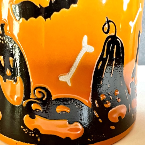 Halloween Ceramic Happy Boo Black White Skeleton Orange Mug Pumpkins Bones - Picture 5 of 6